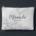 Modern Script Personalised Bridesmaid Name Accessory Pouch<br><div class="desc">Modern Script Personalised Bridesmaid Gift
featuring personalised bridesmaid's name in grey modern script font style with title and wedding date in modern sans serif font style on white marble background.

Also perfect for maid of honour,  flower girl,  mother of the bride and more.</div>