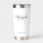 Modern Script Personalised Bridesmaid Name Insulated Tumbler<br><div class="desc">Add a personal touch to your wedding with personalised bridesmaid gift. This design features personalised bridesmaid's name in grey modern script font style and monogram in light grey modern script font style as background with title and wedding date in grey modern sans serif font style on white background. Also perfect...</div>