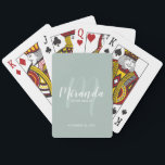 Modern Script Personalised Bridesmaid Playing Cards<br><div class="desc">Personalised Bridesmaid Gifts This design features personalised bridesmaid's name in white modern script font style and monogram in sage green modern script font style as background with title and wedding date in white modern sans serif font style on sage green background. Also perfect for maid of honour, mother of the...</div>