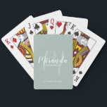 Modern Script Personalised Bridesmaid Playing Cards<br><div class="desc">Personalised Bridesmaid Gifts This design features personalised bridesmaid's name in white modern script font style and monogram in sage green modern script font style as background with title and wedding date in white modern sans serif font style on sage green background. Also perfect for maid of honour, mother of the...</div>