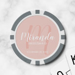 Modern Script Personalised Bridesmaid Poker Chips<br><div class="desc">Add a personal touch to your wedding with personalised bridesmaid poker chips. This design features personalised bridesmaid's name in white modern script font style and monogram in blush pink modern script font style as background with title and wedding date in white modern sans serif font style on blush pink background....</div>