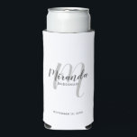 Modern Script Personalised Bridesmaid Seltzer Can Cooler<br><div class="desc">Add a personal touch to your wedding with personalised bridesmaid gift. This design features personalised bridesmaid's name in grey modern script font style and monogram in light grey modern script font style as background with title and wedding date in grey modern sans serif font style on white background. Also perfect...</div>