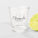 Modern Script Personalised Bridesmaid Shot Glass<br><div class="desc">Add a personal touch to your wedding with personalised bridesmaid shot glass. This shot glass features personalised bridesmaid's name in grey modern script font style and monogram in light grey modern script font style as background with title and wedding date in grey modern sans serif font style. Also perfect for...</div>