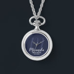 Modern Script Personalised Bridesmaid Watch<br><div class="desc">Add a personal touch to your wedding with personalised bridesmaid gift. This design features personalised bridesmaid's name in white modern script font style and monogram in light navy blue modern script font style as background with title and wedding date in white modern sans serif font style on navy blue background....</div>