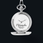 Modern Script Personalised Bridesmaid Watch<br><div class="desc">Add a personal touch to your wedding with personalised bridesmaid gift.
This design features personalised bridesmaid's name in black modern script font style with title and wedding date in black modern sans serif font style on white background.

Also perfect for maid of honour,  mother of the bride and more.</div>