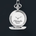 Modern Script Personalised Bridesmaid Watch<br><div class="desc">Add a personal touch to your wedding with personalised bridesmaid gift.
This design features personalised bridesmaid's name in black modern script font style with title and wedding date in black modern sans serif font style on white background.

Also perfect for maid of honour,  mother of the bride and more.</div>