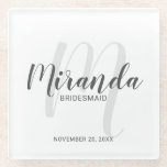 Modern Script Personalised Bridesmaids Glass Coaster<br><div class="desc">Add a personal touch to your wedding with personalised bridesmaids glass coaster. This coaster features personalised bridesmaid's name in grey modern script font style and monogram in light grey modern script font style as background with title and wedding date in grey modern sans serif font style. Also perfect for maid...</div>
