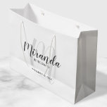 Modern Script Personalised Bridesmaids Large Gift Bag<br><div class="desc">Personalised Bridesmaids Gift Bag featuring personalised bridesmaid's name in grey modern script font style and monogram in light grey modern script font style as background with title and wedding date in grey modern sans serif font style. Also perfect for groomsman, best man, ring bearer, father of the bride, maid of...</div>