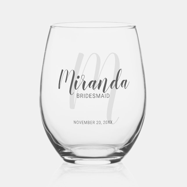 Modern Script Personalised Bridesmaids Name Stemless Wine Glass (Front)