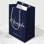 Modern Script Personalised Bridesmaids Navy Blue Medium Gift Bag<br><div class="desc">Personalised Bridesmaids Gift Bag featuring personalised bridesmaid's name in white modern script font style and monogram in light navy blue modern script font style as background with title and wedding date in white modern sans serif font style on navy blue background. Also perfect for groomsman, best man, ring bearer, father...</div>