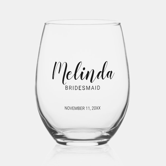 Modern Script Personalised Bridesmaids Stemless Wine Glass (Front)