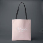 Modern Script Personalised Bridesmaids Tote Bag<br><div class="desc">Modern Script Personalised Bridesmaids Tote Bag
featuring personalised bridesmaid's name in white modern script font style with title and wedding date in modern sans serif font style on blush pink background.

Also perfect for Maid of Honour,  Flower Girl,  Mother of the Bride and more.</div>