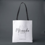 Modern Script Personalised Bridesmaids Tote Bag<br><div class="desc">Add a personal touch to your wedding with personalised bridesmaids gift tote bag. This tote bag features personalised bridesmaid's name in grey modern script font style and monogram in light grey modern script font style as background with title and wedding date in grey modern sans serif font style. Also perfect...</div>