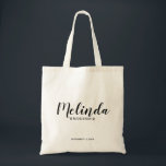 Modern Script Personalised Bridesmaids Tote Bag<br><div class="desc">Modern Script Personalised Bridesmaids Tote Bag
featuring personalised bridesmaid's name in modern calligraphy font style with title and wedding date in modern sans serif font style.
Also perfect for Maid of Honour, Flower Girl, Mother of the Bride and more.</div>