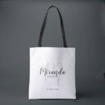 Modern Script Personalised Bridesmaids Tote Bag<br><div class="desc">Add a personal touch to your wedding with personalised bridesmaids gift tote bag. This tote bag features personalised bridesmaid's name in grey modern script font style and monogram in light grey modern script font style as background with title and wedding date in grey modern sans serif font style on white...</div>