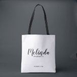 Modern Script Personalised Bridesmaids Tote Bag<br><div class="desc">Modern Script Personalised Bridesmaids Tote Bag
featuring personalised bridesmaid's name in black modern script font style with title and wedding date in modern sans serif font style on white background.

Also perfect for Maid of Honour,  Flower Girl,  Mother of the Bride and more.</div>