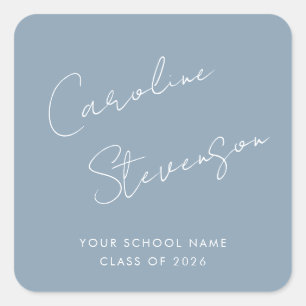 Modern Script Personalised Graduation Dusty Blue Square Sticker
