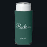 Modern Script Personalised Groomsman Can Cooler<br><div class="desc">Personalised Groomsman Gifts
featuring personalised groomsman's name in white modern script font style with title and wedding date in modern sans serif font style on emerald green background.

Also perfect for best man,  father of the bride,  bridesmaid,  maid of honour,  mother of the bride and more.</div>