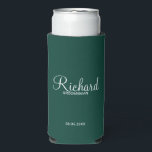 Modern Script Personalised Groomsman Can Cooler<br><div class="desc">Personalised Groomsman Gifts
featuring personalised groomsman's name in white modern script font style with title and wedding date in modern sans serif font style on emerald green background.

Also perfect for best man,  father of the bride,  bridesmaid,  maid of honour,  mother of the bride and more.</div>