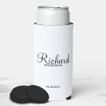Modern Script Personalised Groomsman Can Cooler<br><div class="desc">Personalised Groomsman Gifts
featuring personalised groomsman's name in black modern script font style with title and wedding date in modern sans serif font style.

Also perfect for best man,  father of the bride,  bridesmaid,  maid of honour,  mother of the bride and more.</div>