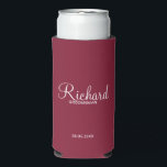 Modern Script Personalised Groomsman Can Cooler<br><div class="desc">Personalised Groomsman Gifts
featuring personalised groomsman's name in white modern script font style with title and wedding date in modern sans serif font style on burgundy red background.

Also perfect for best man,  father of the bride,  bridesmaid,  maid of honour,  mother of the bride and more.</div>