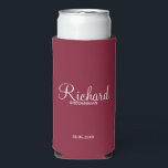 Modern Script Personalised Groomsman Can Cooler<br><div class="desc">Personalised Groomsman Gifts
featuring personalised groomsman's name in white modern script font style with title and wedding date in modern sans serif font style on burgundy red background.

Also perfect for best man,  father of the bride,  bridesmaid,  maid of honour,  mother of the bride and more.</div>