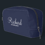 Modern Script Personalised Groomsman Dopp Kit<br><div class="desc">Personalised Groomsman Gifts
featuring personalised groomsman's name in white modern script font style with title and wedding date in modern sans serif font style on navy blue background.

Also perfect for best man,  father of the bride,  bridesmaid,  maid of honour,  mother of the bride and more.</div>
