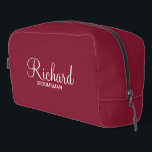 Modern Script Personalised Groomsman Dopp Kit<br><div class="desc">Personalised Groomsman Gifts
featuring personalised groomsman's name in white modern script font style with title and wedding date in modern sans serif font style on burgundy red background.

Also perfect for best man,  father of the bride,  bridesmaid,  maid of honour,  mother of the bride and more.</div>