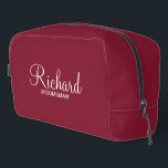 Modern Script Personalised Groomsman Dopp Kit<br><div class="desc">Personalised Groomsman Gifts
featuring personalised groomsman's name in white modern script font style with title and wedding date in modern sans serif font style on burgundy red background.

Also perfect for best man,  father of the bride,  bridesmaid,  maid of honour,  mother of the bride and more.</div>