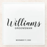 Modern Script Personalised Groomsman Glass Coaster<br><div class="desc">Modern Script Personalised Groomsman Coaster
featuring personalised groomsman's name in modern calligraphy font style with title and wedding date in modern sans serif font style.

Also perfect for best man,  father of the bride,  bridesmaid,  maid of honour and more.</div>