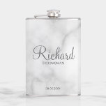 Modern Script Personalised Groomsman Hip Flask<br><div class="desc">Personalised Groomsman Gifts featuring personalised groomsman's name in grey modern script font style with title and wedding date in modern sans serif font style on white marble background. Also perfect for best man, father of the bride, bridesmaid, maid of honour, mother of the bride and more. Please note: The marble...</div>