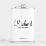Modern Script Personalised Groomsman Hip Flask<br><div class="desc">Personalised Groomsman Gifts
featuring personalised groomsman's name in black modern script font style with title and wedding date in modern sans serif font style on white background.

Also perfect for best man,  father of the bride,  bridesmaid,  maid of honour,  mother of the bride and more.</div>