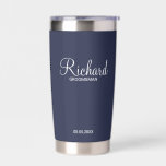 Modern Script Personalised Groomsman Insulated Tumbler<br><div class="desc">Personalised Groomsman Gifts
featuring personalised groomsman's name in white modern script font style with title and wedding date in modern sans serif font style on navy blue background.

Also perfect for best man,  father of the bride,  bridesmaid,  maid of honour,  mother of the bride and more.</div>