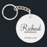 Modern Script Personalised Groomsman Key Ring<br><div class="desc">Personalised Groomsman Gifts
featuring personalised groomsman's name in black modern script font style with title and wedding date in modern sans serif font style on white background.

Also perfect for best man,  father of the bride,  bridesmaid,  maid of honour,  mother of the bride and more.</div>