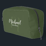 Modern Script Personalised Groomsman Monogram Name Dopp Kit<br><div class="desc">Add a personal touch to your wedding with personalised groomsman gift. This design features personalised groomsman's name in white modern script font style and monogram in light olive green modern script font style as background with title in white modern sans serif font style on olive green background. Also perfect for...</div>