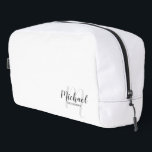 Modern Script Personalised Groomsman Monogram Name Dopp Kit<br><div class="desc">Add a personal touch to your wedding with personalised groomsman gift. This design features personalised groomsman's name in grey modern script font style and monogram in light grey modern script font style as background with title in grey modern sans serif font style on white background. Also perfect for maid of...</div>