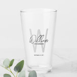 Modern Script Personalised Groomsman's Name Glass<br><div class="desc">Modern Minimalist Personalised Monogram and Name Gifts This design features personalised groomsman's name in grey modern handwriting script font style and monogram in light grey modern sans serif font style as background, with wedding details in grey modern sans serif font style, on white background. Also perfect for best man, maid...</div>