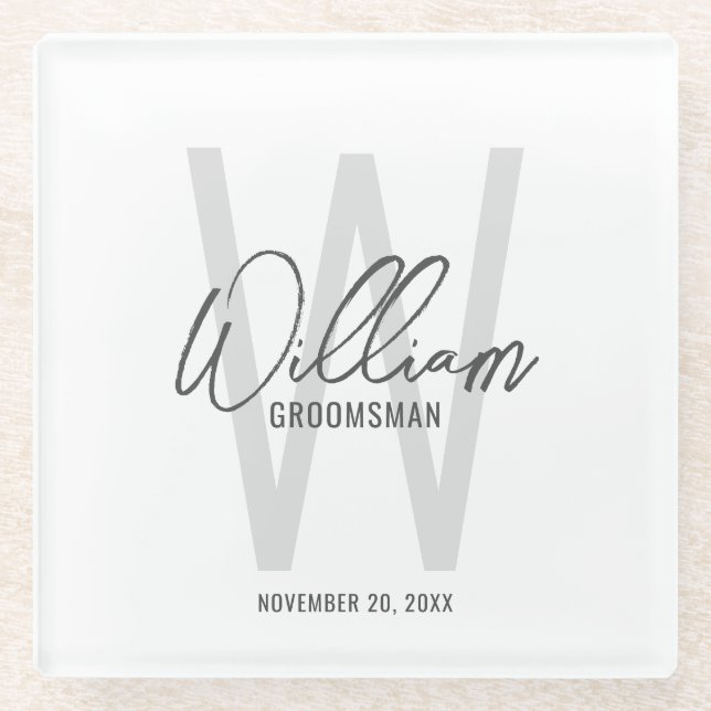 Modern Script Personalised Groomsman's Name Glass Coaster (Front)