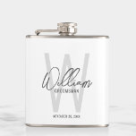 Modern Script Personalised Groomsman's Name Hip Flask<br><div class="desc">Modern Minimalist Personalised Monogram and Name Gifts This design features personalised groomsman's name in grey modern handwriting script font style and monogram in light grey modern sans serif font style as background, with wedding details in grey modern sans serif font style, on white background. Also perfect for best man and...</div>