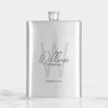 Modern Script Personalised Groomsman's Name Hip Flask<br><div class="desc">Modern Minimalist Personalised Monogram and Name Gifts
This design features personalised groomsman's name in grey modern handwriting script font style and monogram in light grey modern sans serif font style as background,  with wedding details in grey modern sans serif font style.

Also perfect for best man and more.</div>