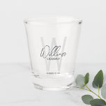 Modern Script Personalised Groomsman's Name Shot Glass<br><div class="desc">Modern Minimalist Personalised Monogram and Name Gifts This design features personalised groomsman's name in grey modern handwriting script font style and monogram in light grey modern sans serif font style as background, with wedding details in grey modern sans serif font style, on white background. Also perfect for best man, maid...</div>