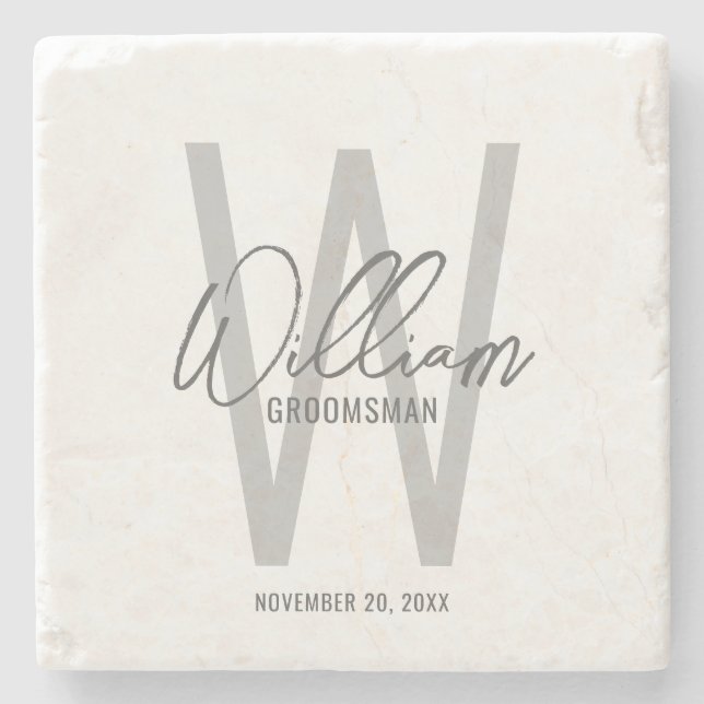 Modern Script Personalised Groomsman's Name Stone Coaster (Front)