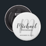 Modern Script Personalised Groomsmen Bottle Opener<br><div class="desc">Add a personal touch to your wedding with personalised groomsmen bottle opener. This bottle opener features personalised groomsmen's name in grey modern script font style and monogram in light grey modern script font style as background with title and wedding date in grey modern sans serif font style on white background....</div>