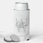 Modern Script Personalised Groomsmen Can Cooler<br><div class="desc">Modern Minimalist Personalised Monogram and Name Gifts This design features personalised name in grey modern handwriting script font style and monogram in light grey modern sans serif font style as background, with wedding details in grey modern sans serif font style, on white marble background. Also perfect for best man, maid...</div>