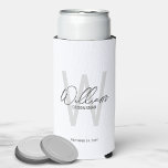 Modern Script Personalised Groomsmen Can Cooler<br><div class="desc">Modern Minimalist Personalised Monogram and Name Gifts This design features personalised name in grey modern handwriting script font style and monogram in light grey modern sans serif font style as background, with wedding details in grey modern sans serif font style, on white background. Also perfect for best man, maid of...</div>