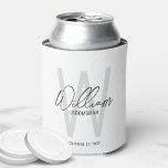 Modern Script Personalised Groomsmen Can Cooler<br><div class="desc">Modern Minimalist Personalised Monogram and Name Gifts This design features personalised name in grey modern handwriting script font style and monogram in light grey modern sans serif font style as background, with wedding details in grey modern sans serif font style, on white background. Also perfect for best man, maid of...</div>