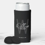 Modern Script Personalised Groomsmen Can Cooler<br><div class="desc">Modern Minimalist Personalised Monogram and Name Gifts This design features personalised name in white modern handwriting script font style and monogram in grey modern sans serif font style as background, with wedding details in white modern sans serif font style, on black background. Also perfect for best man, maid of honour,...</div>