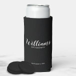 Modern Script Personalised Groomsmen Can Cooler<br><div class="desc">Modern Script Personalised Groomsmen Can Cooler
featuring personalised groomsman's name in white modern script font style with title and wedding date in modern sans serif font style on black background.

Also perfect for Maid of Honour,  Flower Girl,  Mother of the Bride,  Groomsmen,  Best man and more.</div>