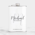 Modern Script Personalised Groomsmen Flask<br><div class="desc">Add a personal touch to your wedding with personalised groomsmen flask. This flask features personalised groomsmen's name in grey modern script font style and monogram in light grey modern script font style as background with title and wedding date in grey modern sans serif font style on white background. Also perfect...</div>