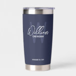 Modern Script Personalised Groomsmen Insulated Tum Insulated Tumbler<br><div class="desc">Modern Minimalist Personalised Monogram and Name Gifts This design features personalised name in white modern handwriting script font style and monogram in light navy blue modern sans serif font style as background, with wedding details in white modern sans serif font style on navy blue background. Also perfect for best man,...</div>